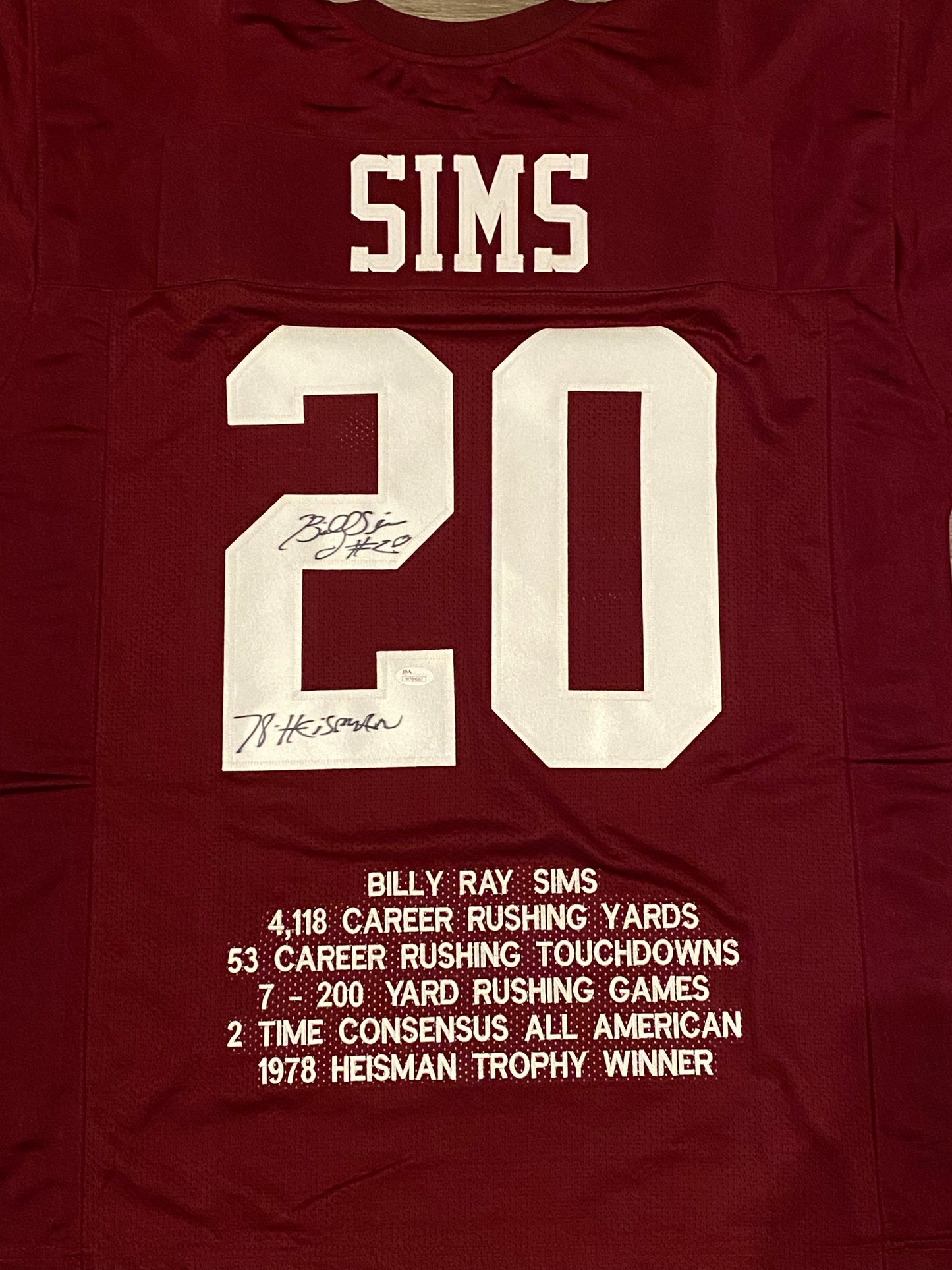 Billy Simms signed custom jersey Oklahoma inscribed "'78 Heisman" (JSA COA)