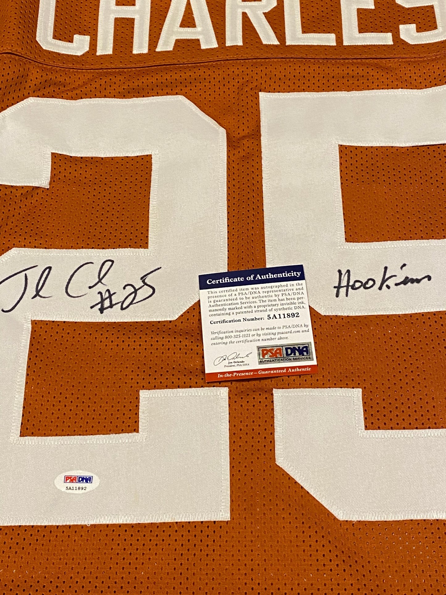 Jamaal Charles signed custom jersey Texas Longhorns inscribed "Hook 'em" (PSA COA)