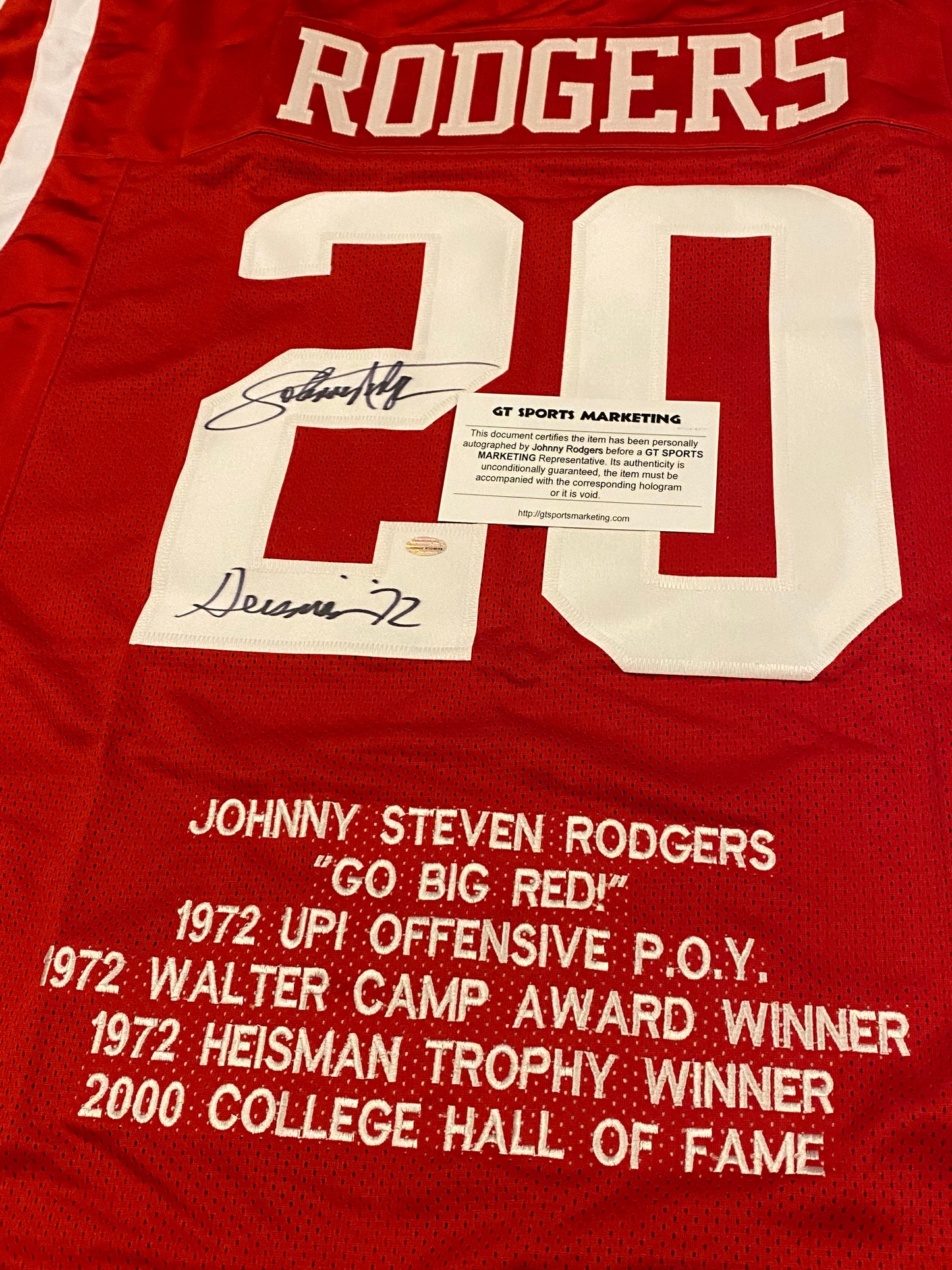 Johnny Rodgers custom jersey Nebraska inscribed "Heisman '72" (GT Sports Marketing COA)